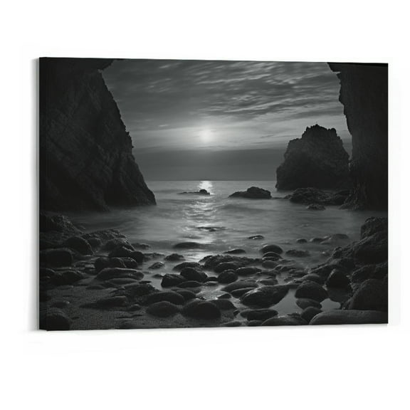 Orinice Black and White Beach Wall Decor - Canvas Framed Painting Sunset and Sunrise Seascape Boat starfish Sandbeach Scenery Wall Pictures Decorations for Home Office 20x16in Ready to Hang 20x16in