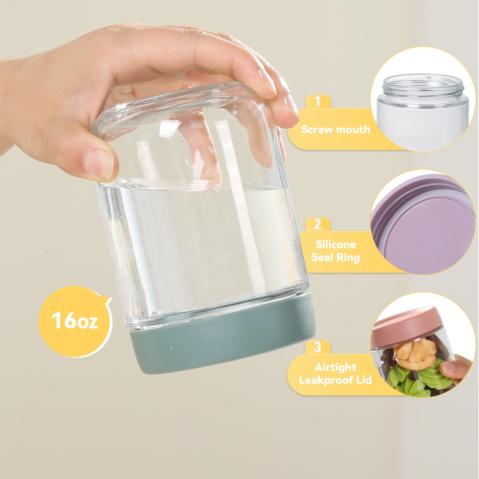 Novelinks 6 Pack 16oz Glass Jars with Colorful Plastic Lids, Airtight Clear Food Storage Containers for Pantry, Spices, Stackable & Reusable Canisters