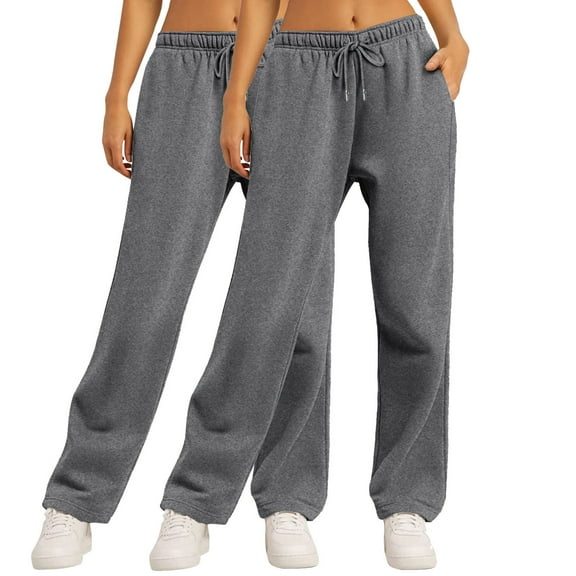 CLOISE Womens Sweatpants Wide Leg 2 Pack Baggy Straight Leg Trousers Soft Pull on Low Rise Open Bottom Trousers Dark Gray Athletic Elastic Waist Drawstring Solid Sweatpants with Pockets Winter Pants