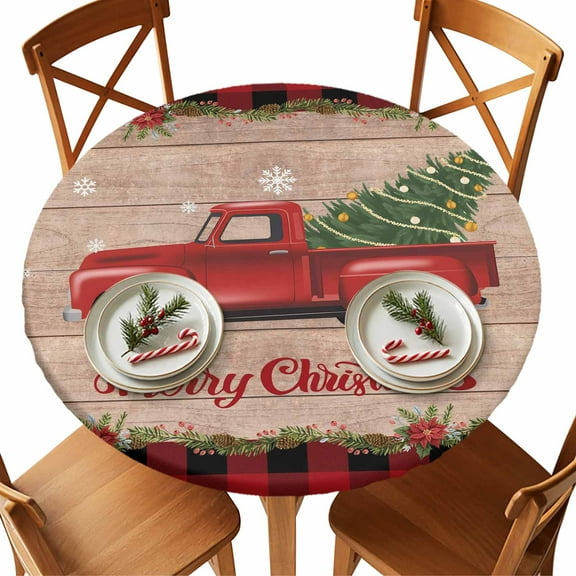 Round Tablecloth Merry Christmas Elastic Edge Fitted Red Farm Truck with Christmas Tree Plastic Table Cover,Waterproof Oil Proof for Dinner,Outdoor, Picnic, 45"- 54" DIA Tables