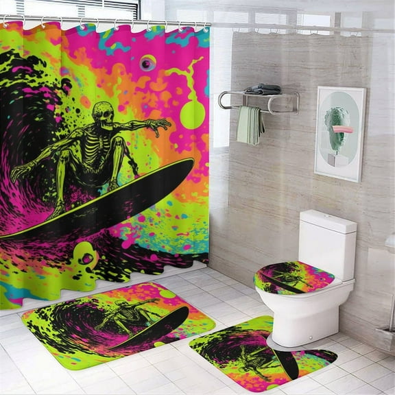 Skeleton Print Shower Curtain Set 4-Set Funny Animal Theme Bathroom Decor Set Includes Floor Mat ,Toilet Cover Mat ,U-Mat ,Shower Curtain with 12 Hooks,72inx72in