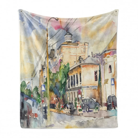 Urban Soft Flannel Fleece Throw Blanket, Watercolor Painting of a City Street with Buildings and Cars Soft Display, Cozy Plush for Indoor and Outdoor Use, 60" x 80", Multicolor, by Ambesonne
