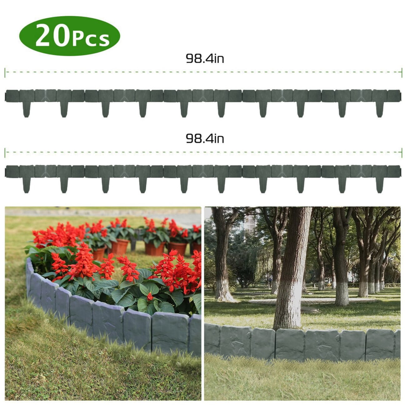 20Pcs Garden Edging Border, Imitation Stone-Like Textured Landscaping Edging Border, No Dig Lawn Edging, Flower Bed Border for Yard Lawn, Gray