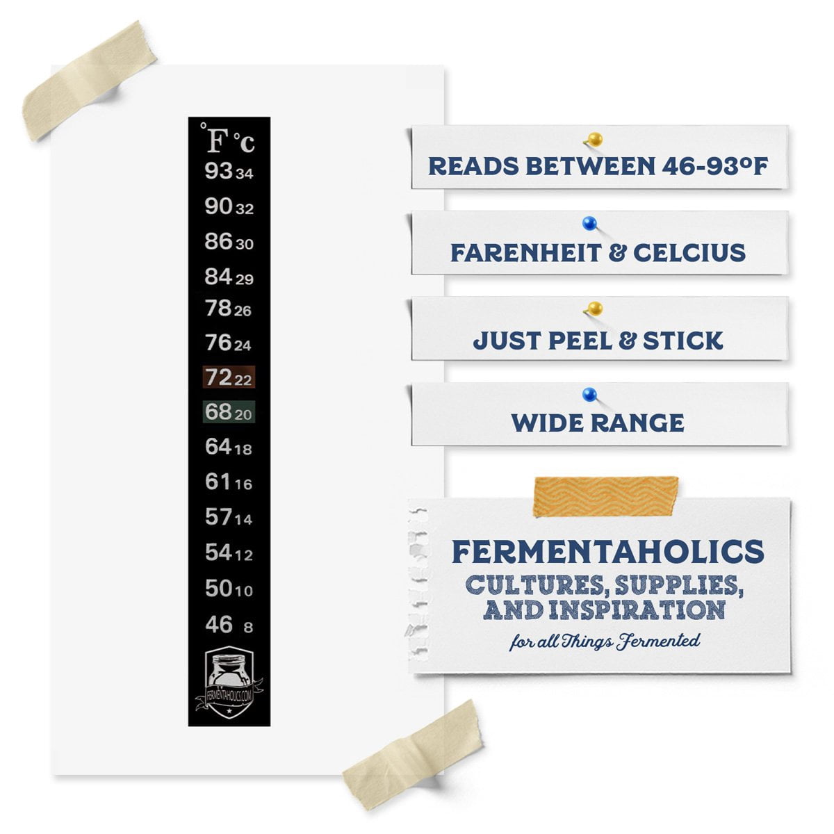 Adhesive Temperature Strip, Wide Range, 46-93F - 3-pk