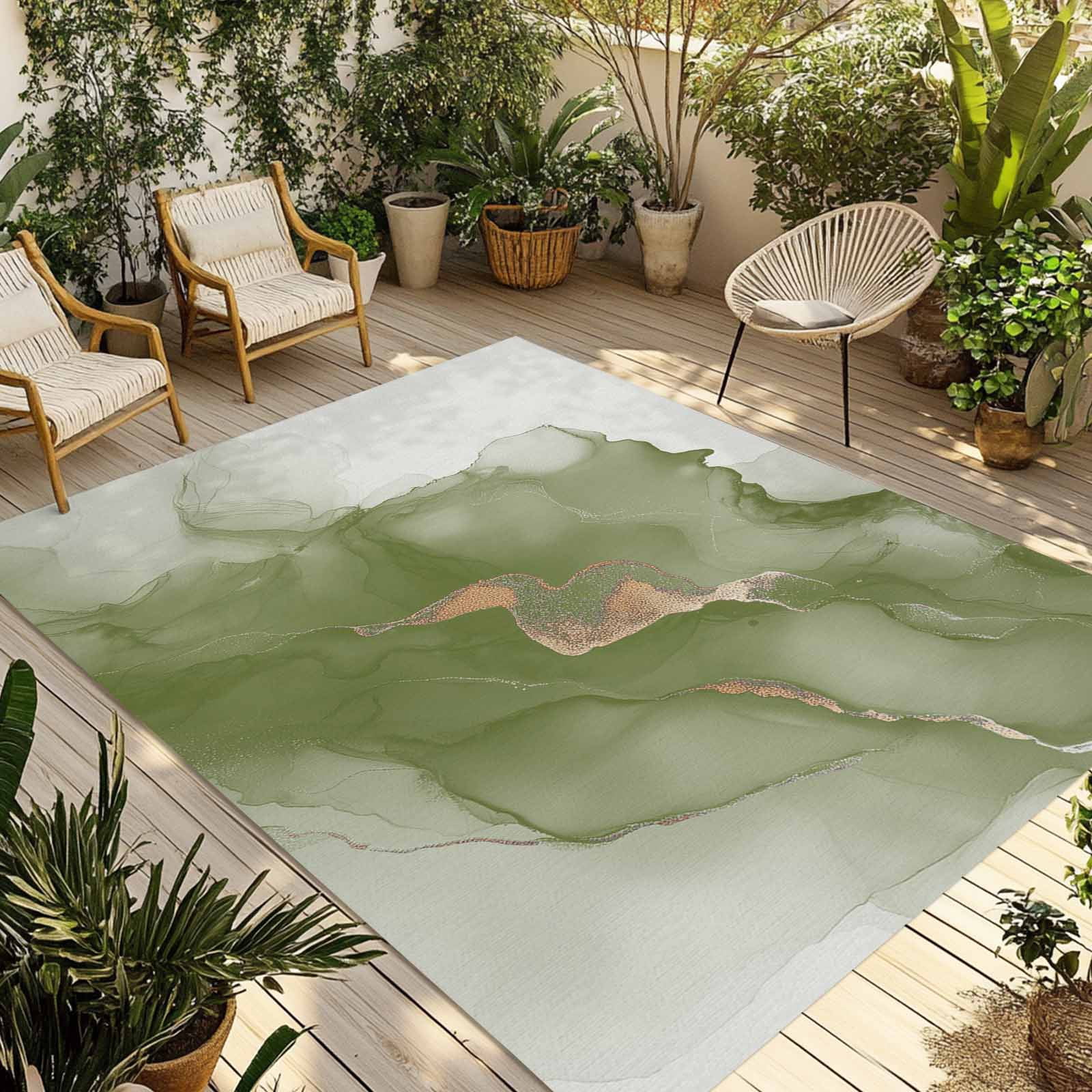 Outdoor Rug 5x8ft Abstract Ombre Sage Green Marble Large Area Rug White Modern Art Indoor Outdoor Carpet Outdoor Rugs Mats for Patio Camping,RV,Front Door, Outside Decor