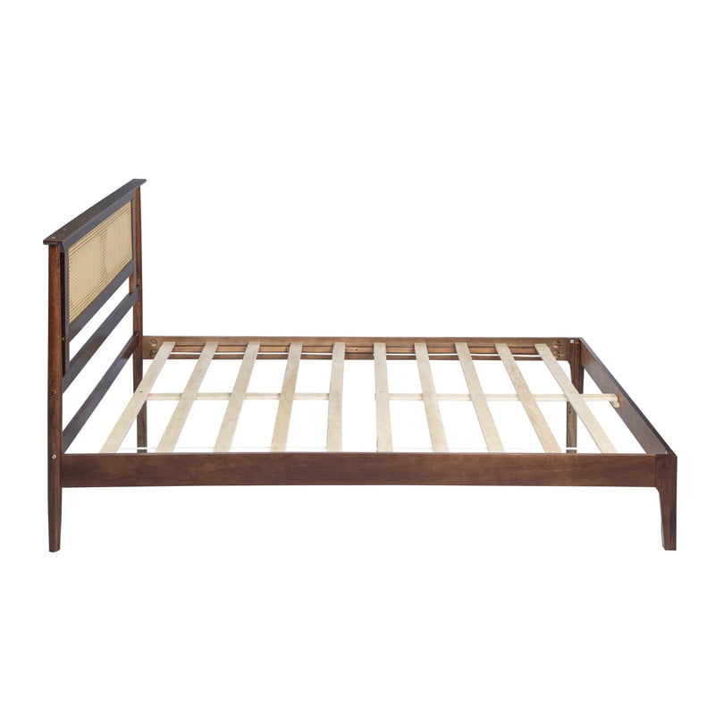 Queen Size Wooden Platform Bed with Rattan Headboard, Low-Profile Bed Frame with 8.6'' Under-Bed Storage