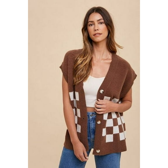Annie Wear Checkered Button Down Short Sleeve Cardigan