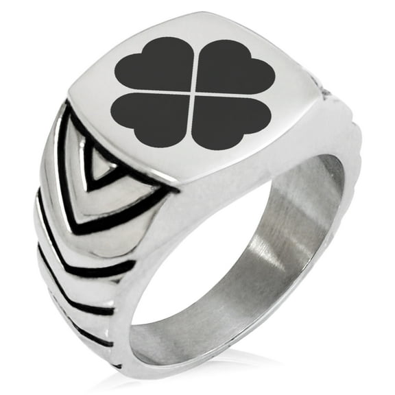 Stainless Steel Four Leaf Clover Heart Chevron Pattern Biker Style Polished Ring