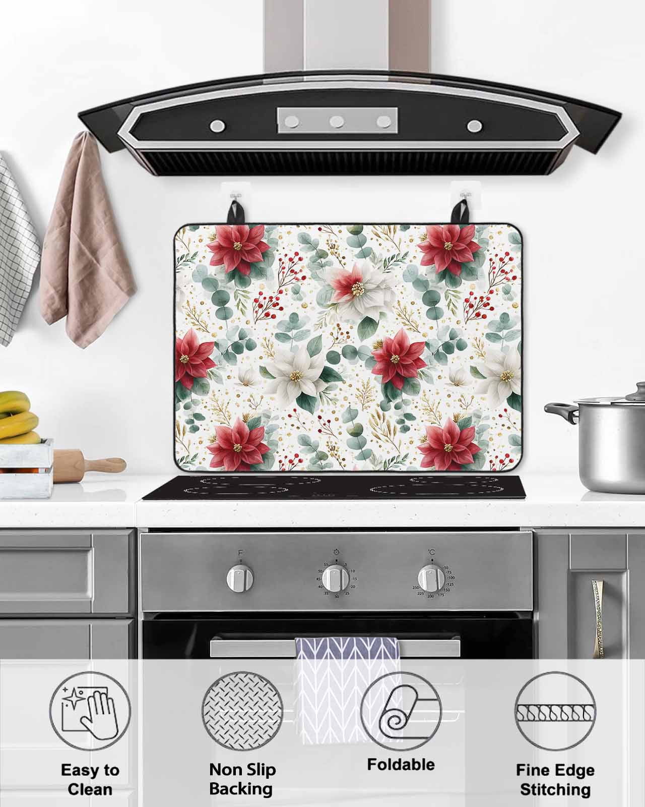 Large Induction Cooktop Protector Mat Christmas Stove Top Covers for Electric Stove, Xmas Botanical Floral Farmhouse Watercolor Decorative Stove Burner Cover Mats, Glass Top Stove Cover