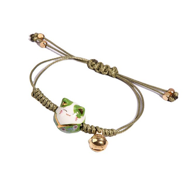 2 Pcs Feng Shui Céramique Porte-Bonheur Chat Bonne Chance Couple Bracelet Perlé Cordon de Dentition Réglable avec Clochette Richesse Santé Fortune Symbole d'Argent Riche pour Femmes Filles Bijoux d'Amitié, Vert
