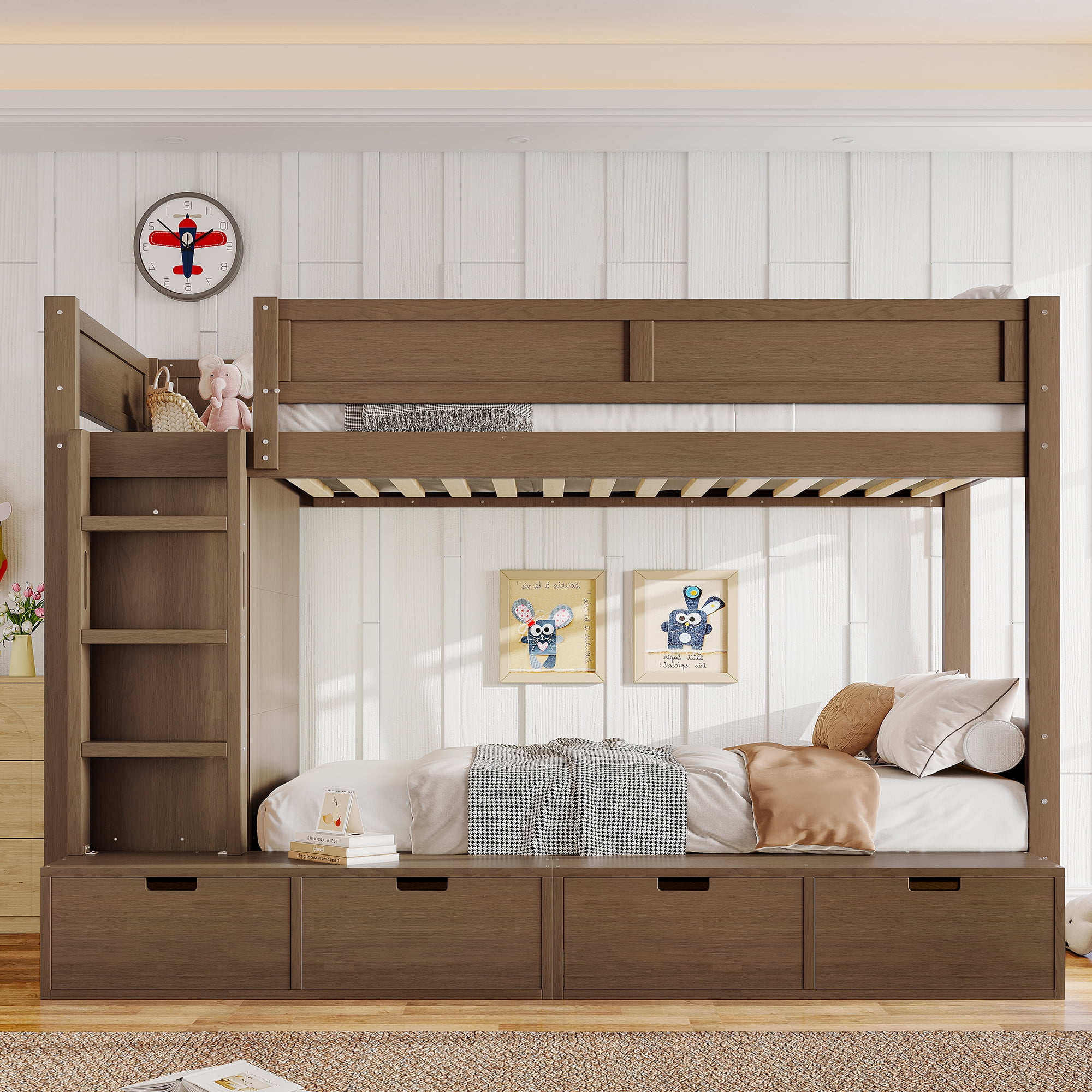 Mintazer Twin over Twin Bunk Bed with Wardrobe, Kids Bunk Bed with 4 Storage Drawers & Ladder for Bedroom, Brown