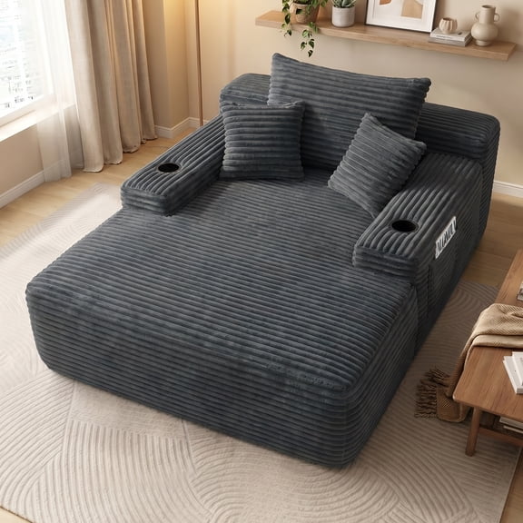 Oooh life Oversized Single Chaise Lounge Chair Indoor, Gray Plush Sleeper Sofa Bed with Cup Holders, 47" Extra Wide Floor Sofa Bed, No Assembly Lounge Seating