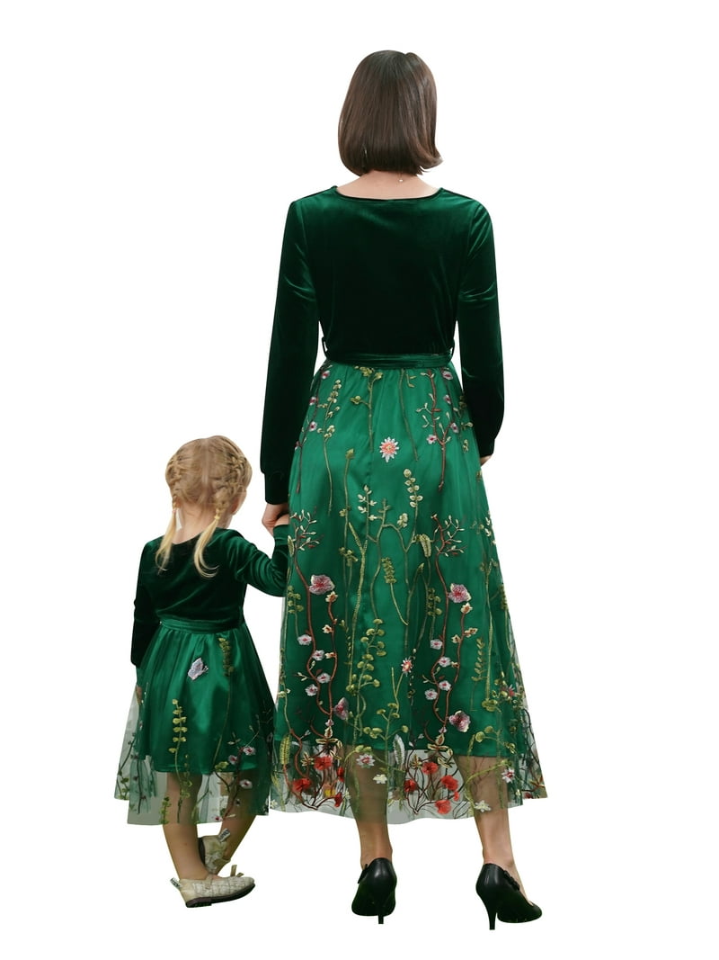 FYMNSI Mommy and Me Christmas Dresses Velvet Long Sleeve Xmas Dress for  Baby Girls Floral Matching Outfit Set Green 9-12M - Walmart.com