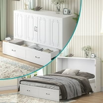 ijuicy Murphy Bed Cabinet with Charging Station, Solid Wood Cabinet Bed Queen Size with Mattress, Murphy Cube Chest Bed for Guest Room/ Office/Apartment-White