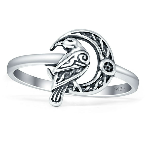Celtic Raven Crescent Moon Oxidized Ring 925 Sterling Silver 5