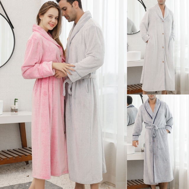 Penkiiy Fleece Robe Bathrobe Winter Flannel Thicken Plus Size Loose One-piece Button Couple Bathrobe 3XL Navy