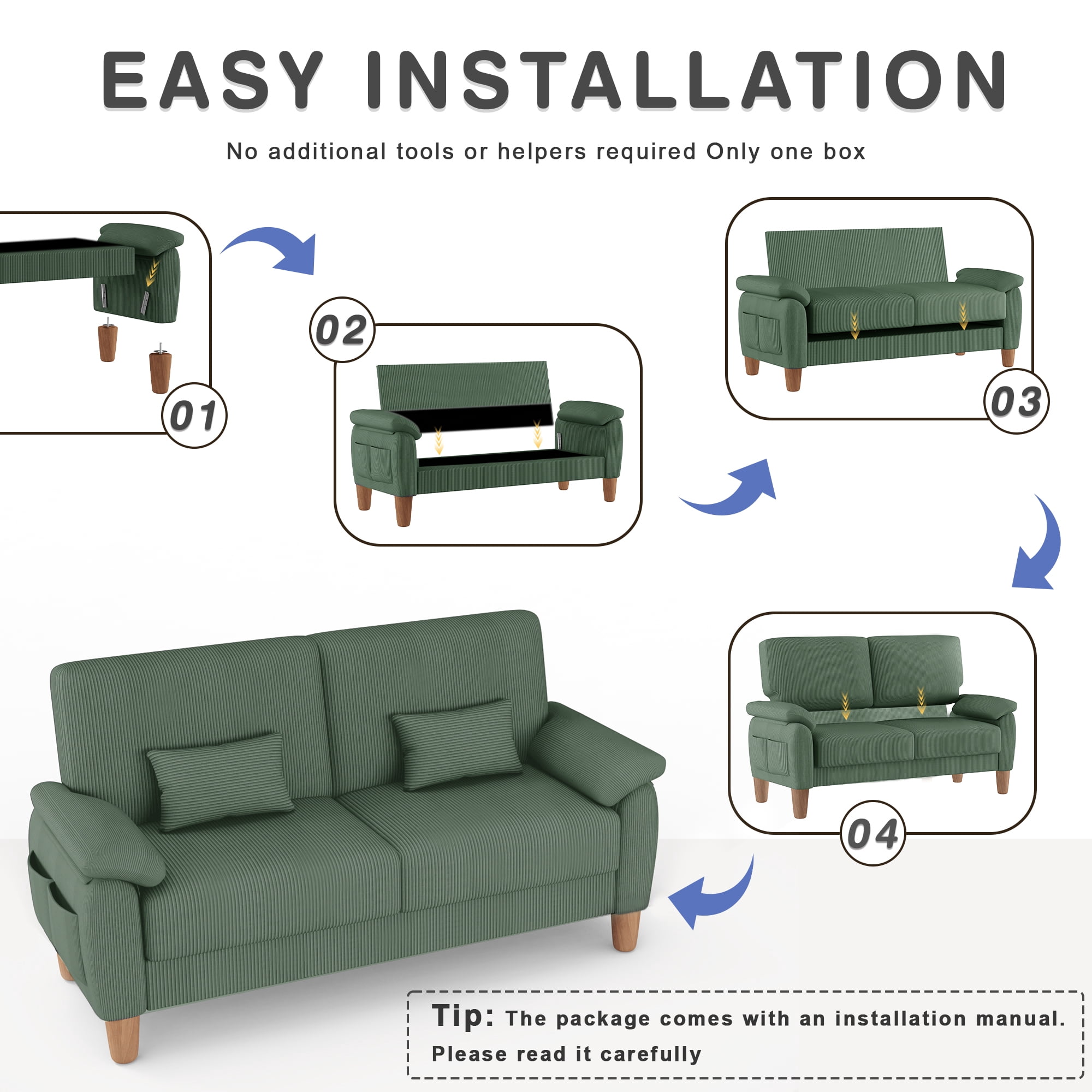 71” Corduroy Sofa for Living Room, AAQZ Small Comfy Couch for Small Space, One Box, Loveseat,Green