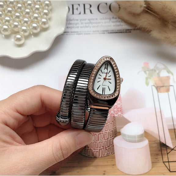 Black Snake Cuff Watch Sleek Band Bold Vibe  Level Up Your Office Style  Crystal Trim Quartz Fashion Wrist Watch