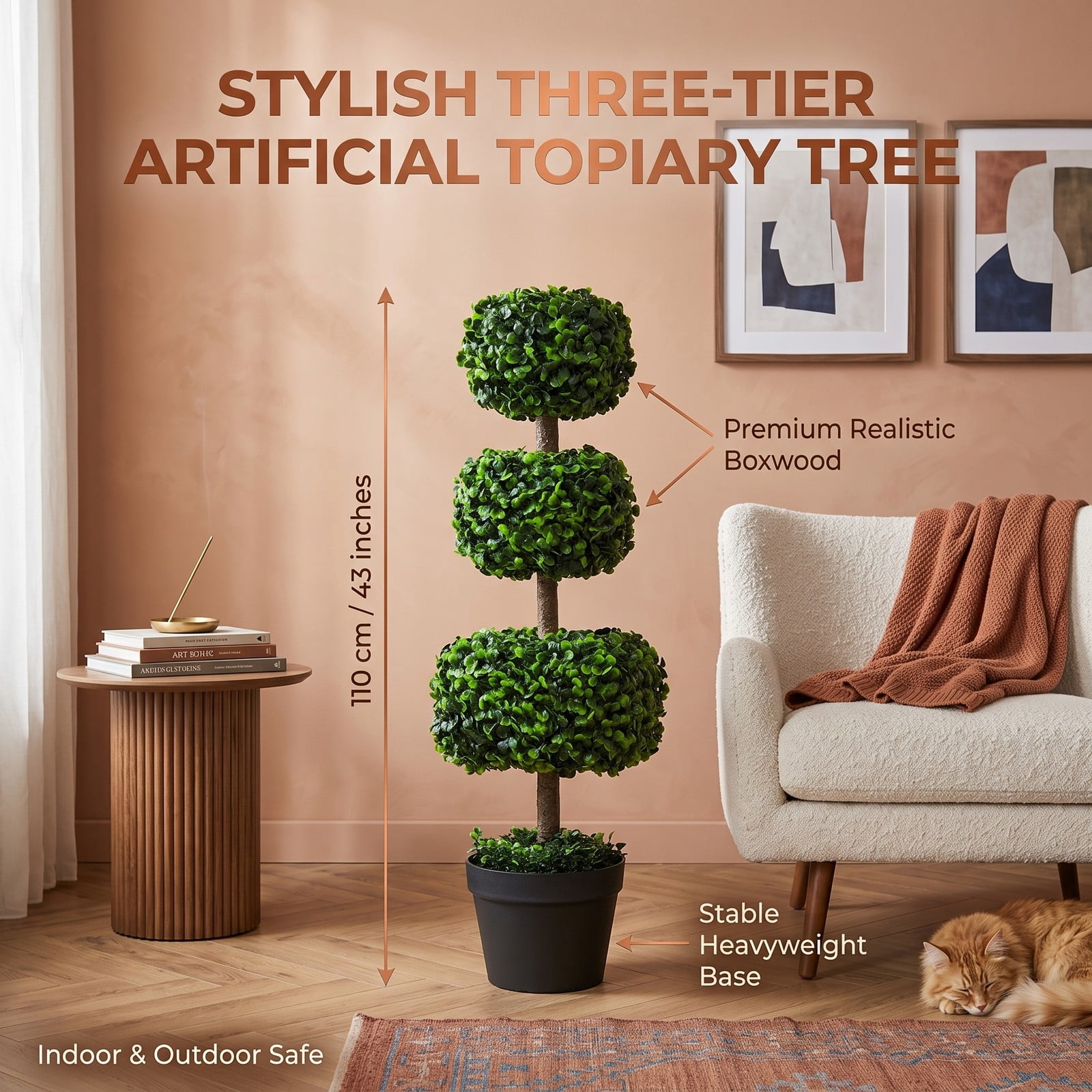 ALPULON 35 Inch Artificial Boxwood Topiary Ball Tree with Cement-Filled Pot, Faux Potted Plant for Indoor Outdoor Home Entryway Porch Decor, Green