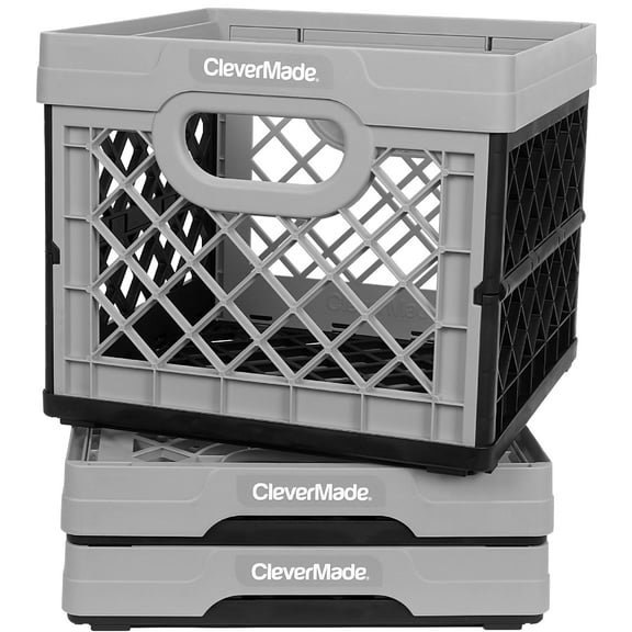 CleverMade Collapsible Milk Crate, Stackable Storage Bin - 6 Gal Gray, 3 Pack