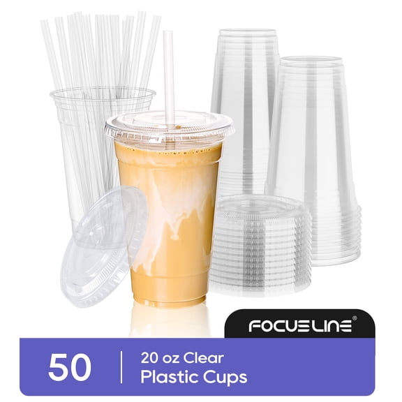 FOCUSLINE 50 Sets - 20 oz Clear Plastic Cups with Lids, Disposable Cups with Straw Lids for Cold Drinks, Milkshake, Smoothie, Iced Coffee and to-go Drinkings