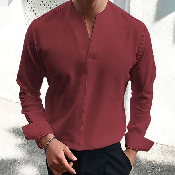 Blusas y camisas de manga larga con cuello en V para hombre, blusa informal de manga larga lisa con cuello en V, blusa de poliéster para hombre