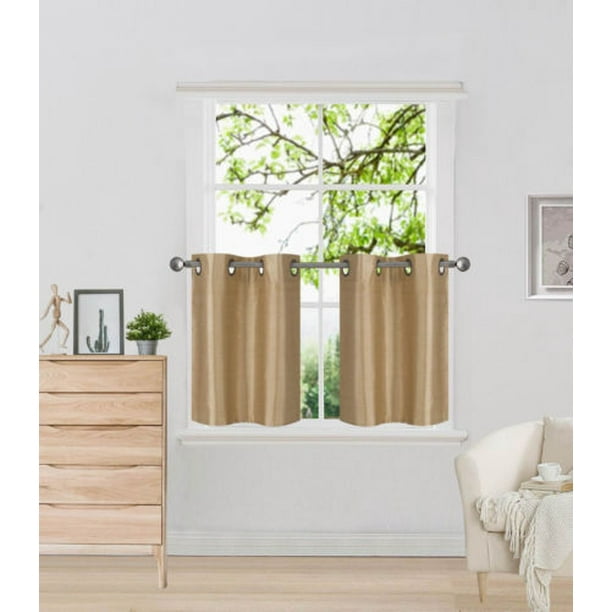 N29 Gold 2Piece Solid Faux Silk Short Window Curtain Set, Two (2