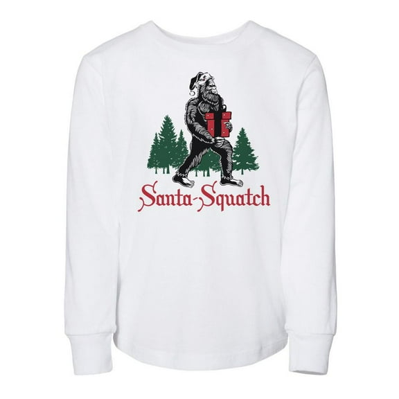TeesAndTankYou Santa-squatch Christmas Toddler Kids Long Sleeve T-Shirt 2T White