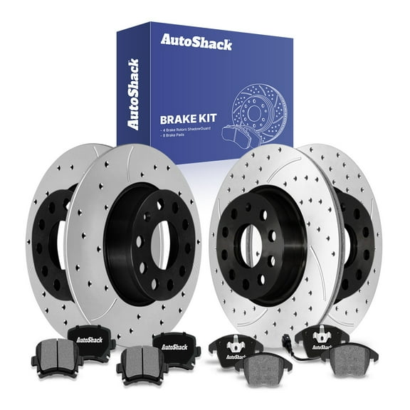AutoShack Front & Rear Brake Rotors & Ceramic Pads for Volkswagen, GTI 2011, FWD L4 2.0L - E-Coated Drilled & Slotted - ShadowGuard