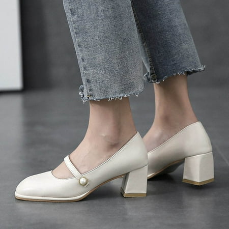 

sunhillsgrace women s high heels women s fashion square-toe shallow mouth pearl- thick high-heeled shoes