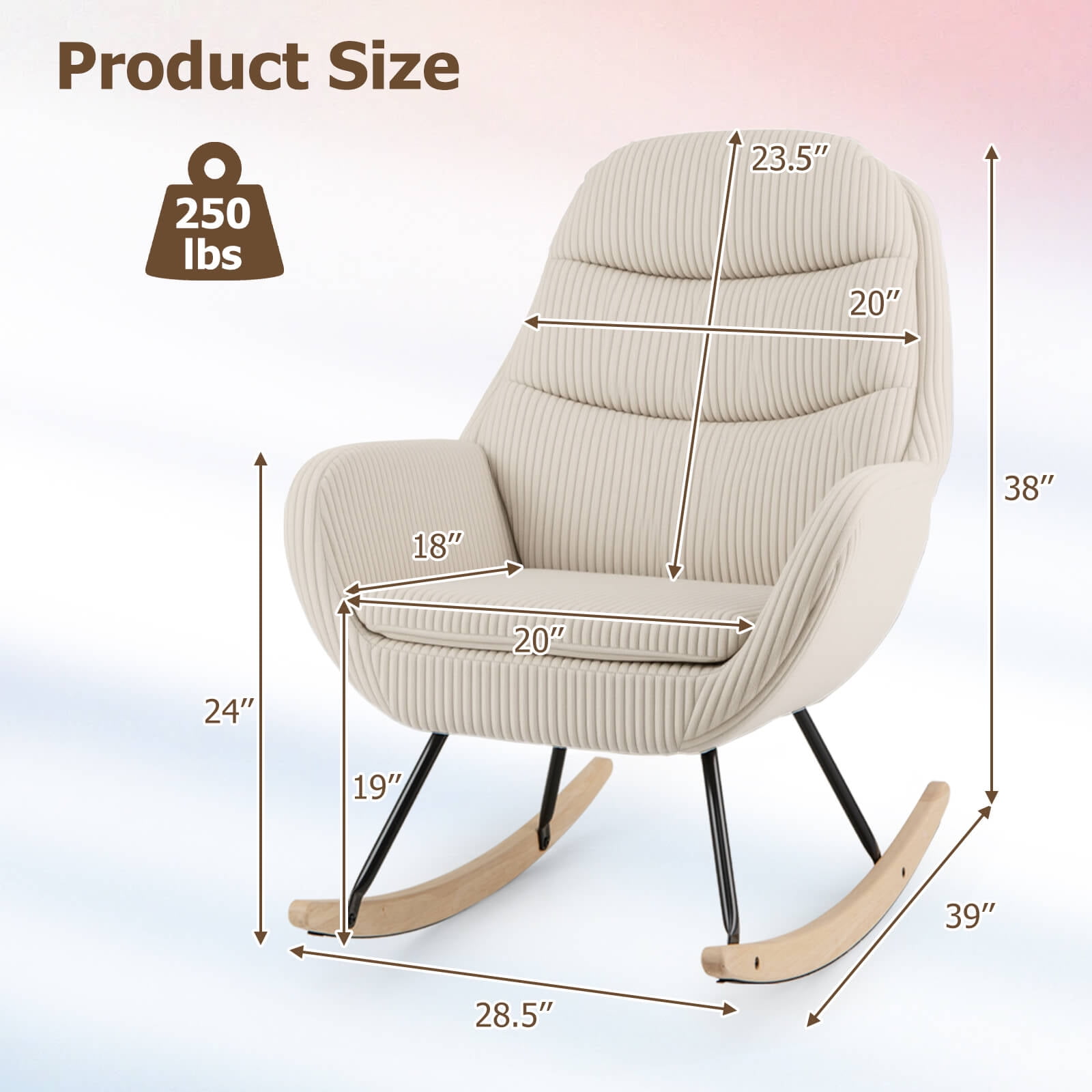 Costway 1 PCS Upholstered Rocking Chair with Padded Backrest & Seat Rubber Wood Feet Metal Frame