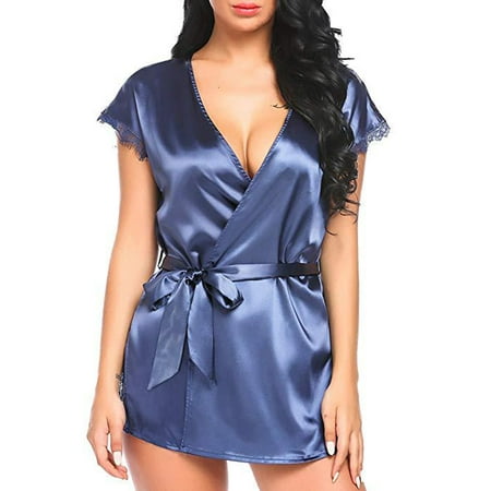 

Glonme Ladies Lingerie Robe Nightgown Lace Trim Chemise Boudoir Nighty Mini Babydoll Sexy Deep V Neck Nightwear Blue M
