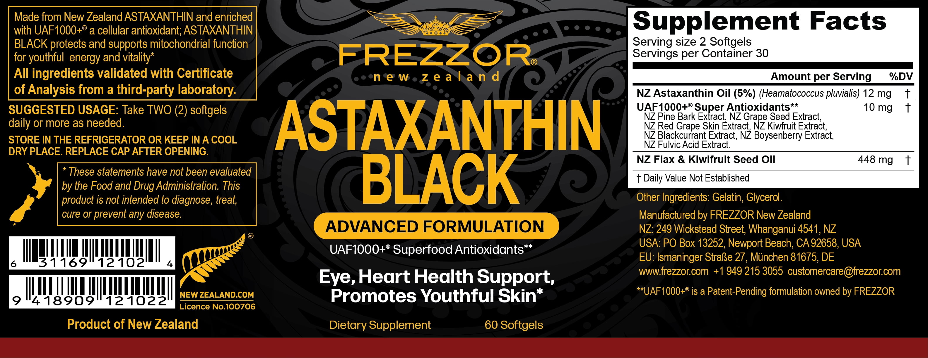 FREZZOR Omega 3 Black Green Lipped Mussel Oil, 53x Higher potency for Superior Joint Comfort & Mobility, No Fishy Aftertaste, 1 Bottle, 60 Softgels plus 1 Bottle of Astaxanthin