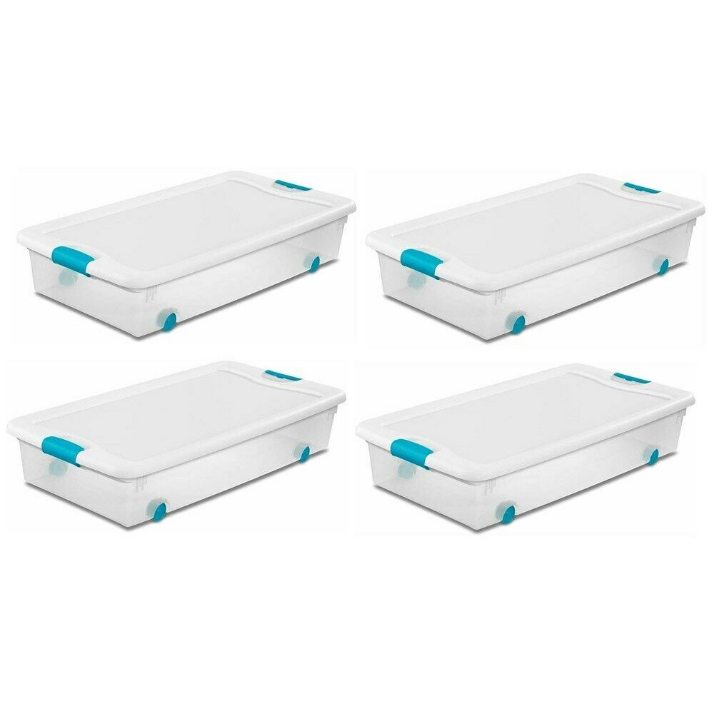 Sterilite 14988004 56 quart/53 L Wheeled Latching Box with Clear Base, White Lid and Colored