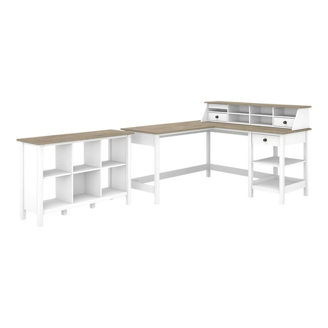 Bush Furniture Mayfield Bureau d'Ordinateur en L 60W avec Organisateur de Bureau et Bibliothèque à 6 Cubes, Shiplap Gris/blanc Pur