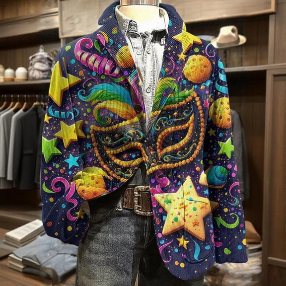 Men's Sport Coats & Blazers Mardi Gras Suit Jacket 2 Button Mask Glitter Printed Carnival Parade Gift