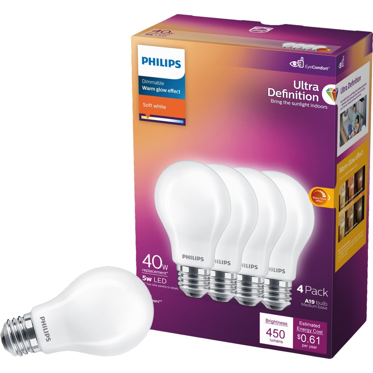 PHILIPS LED 40W A19 4-Pack Ultra Definition Soft White (2200K) 450 Lumen (5W = 40W) Dimmable Frosted Flicker-Free Light Bulbs
