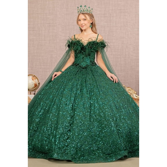 Women's Elizabeth K Sequin Cape Sleeve Feather Ball Gown Gl3169 Green Size 3XL