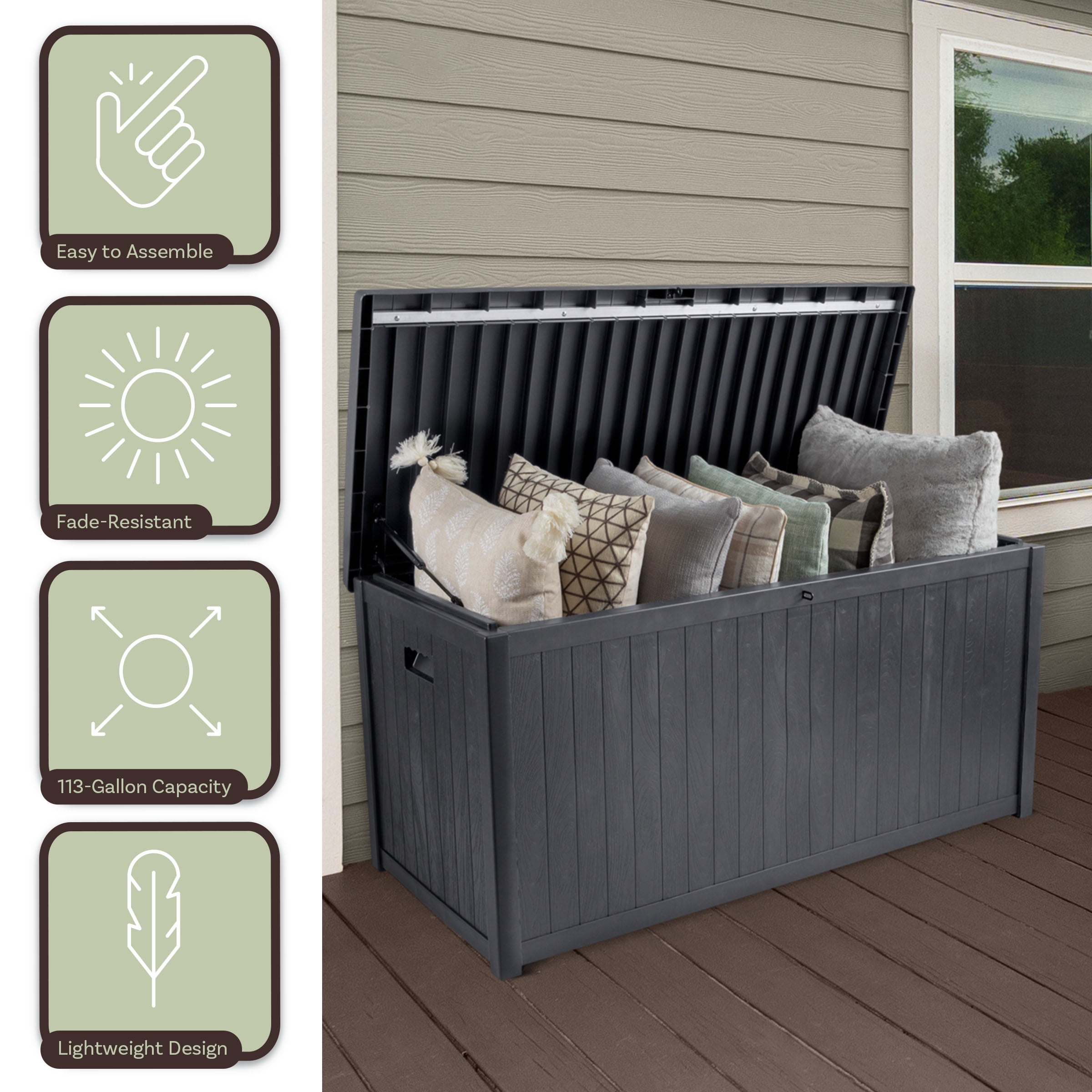 Pure Garden 113-Gallon Outdoor Storage Box - Durable Resin Deck Box, Gray