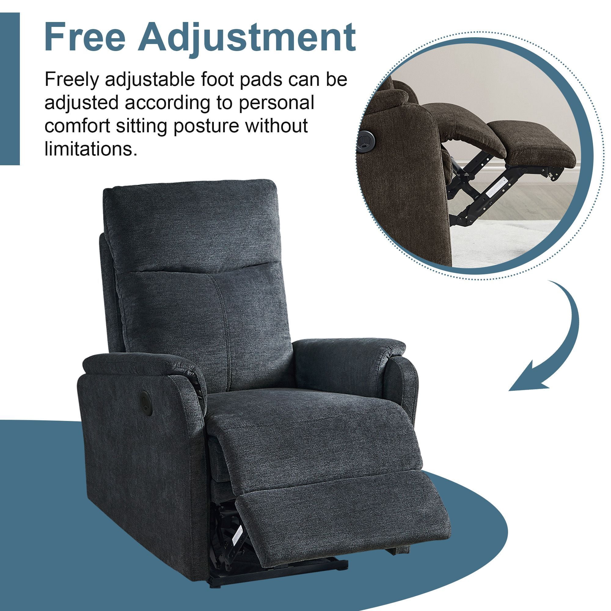 DEALTOPS Power Recliner Chair with USB Ports, Recliner Single Chair with Adjustable Footrest, Dark Gray