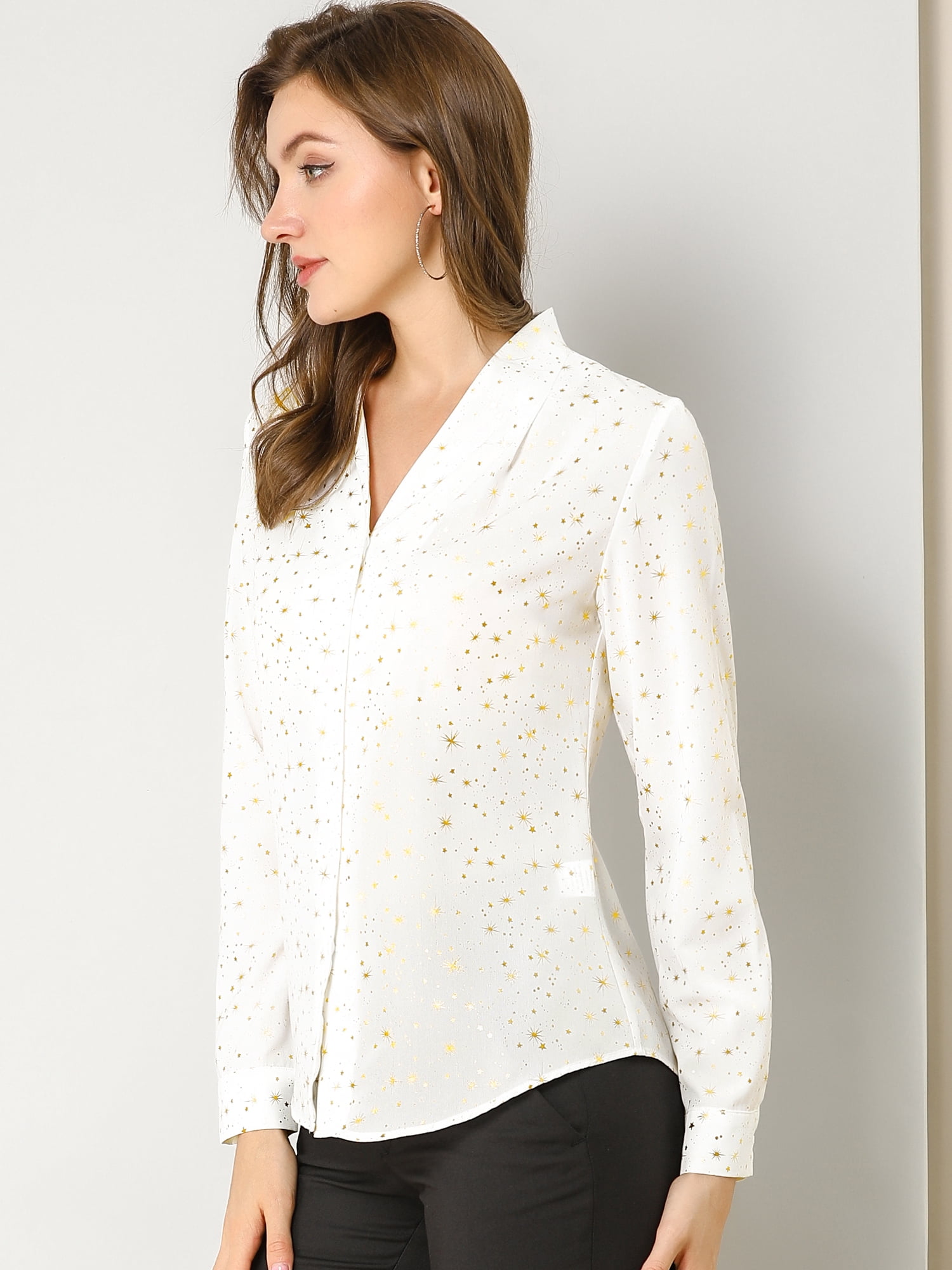 DARING DIVA Stand Collar Metallic Dots Stars Blouse Top S White