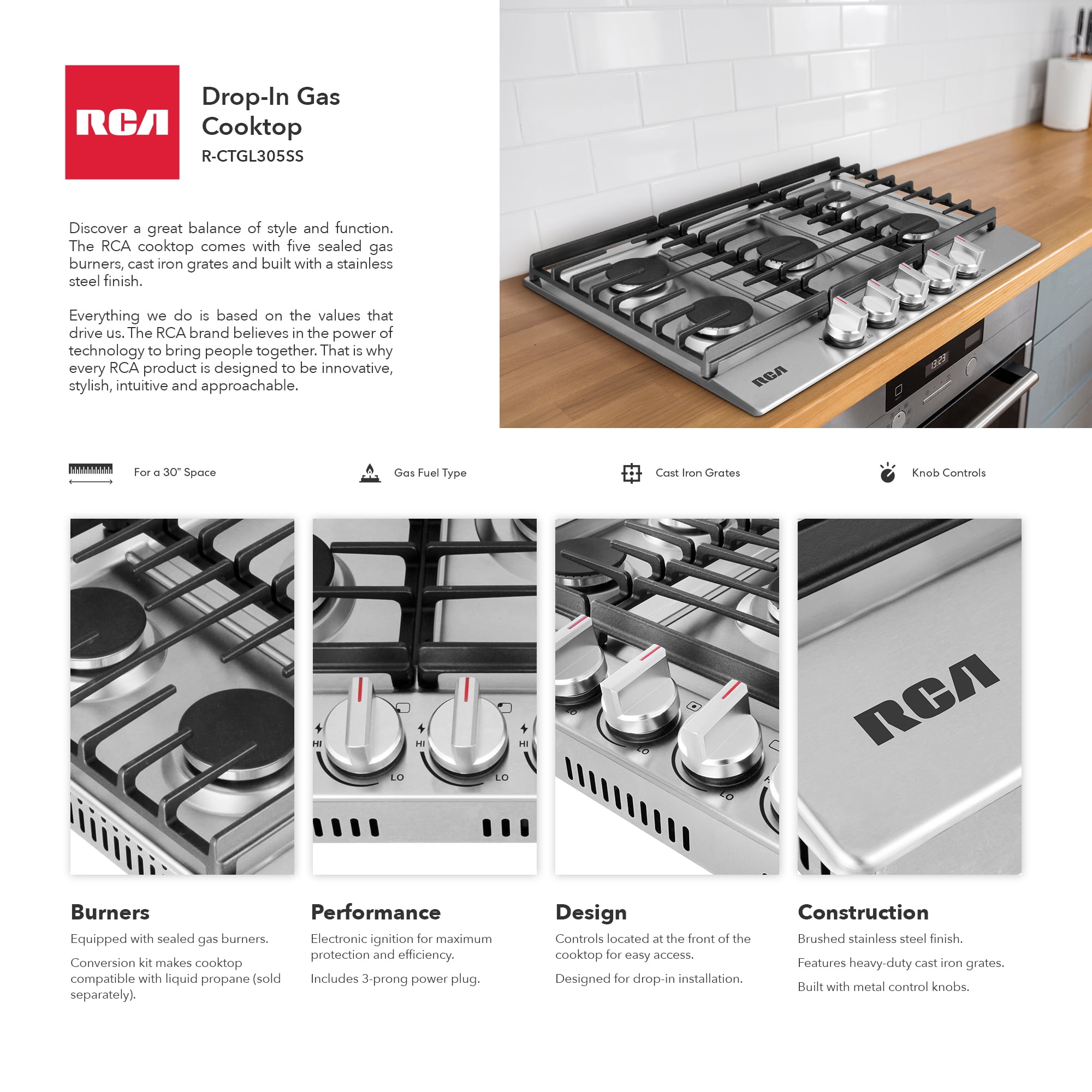 30 in. Legacy Collection Drop-In Gas Cooktop, 5 Burners, Cast Iron Grates, Metal Knobs in Stainless Steel