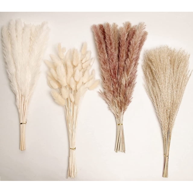 Pampas Grass Boho Decor, flores secas naturales cuidadosamente seleccionadas a mano, pompas esponjosas de 17 pulgadas, hierba de pampas blanca y marrón, caña, perfecta para decoración del hogar,