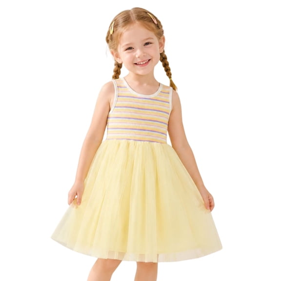 HILEELANG Little Girls Striped Ribbed Tulle Dress, Butter Yellow, 2T-7T