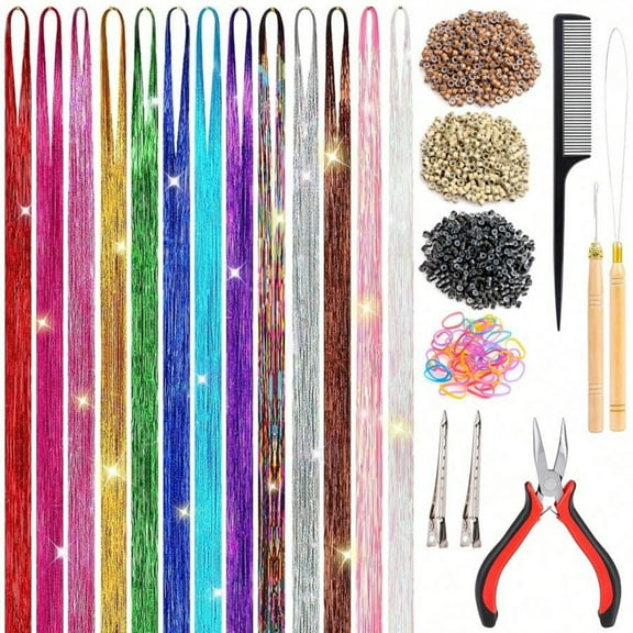 Glitter Fairy Tale Hair Accessory Kit - 48" Brightly Colored Glitter Hair Accessory, 2600 Strands, 600 Hair Rings With Tools And Accessories