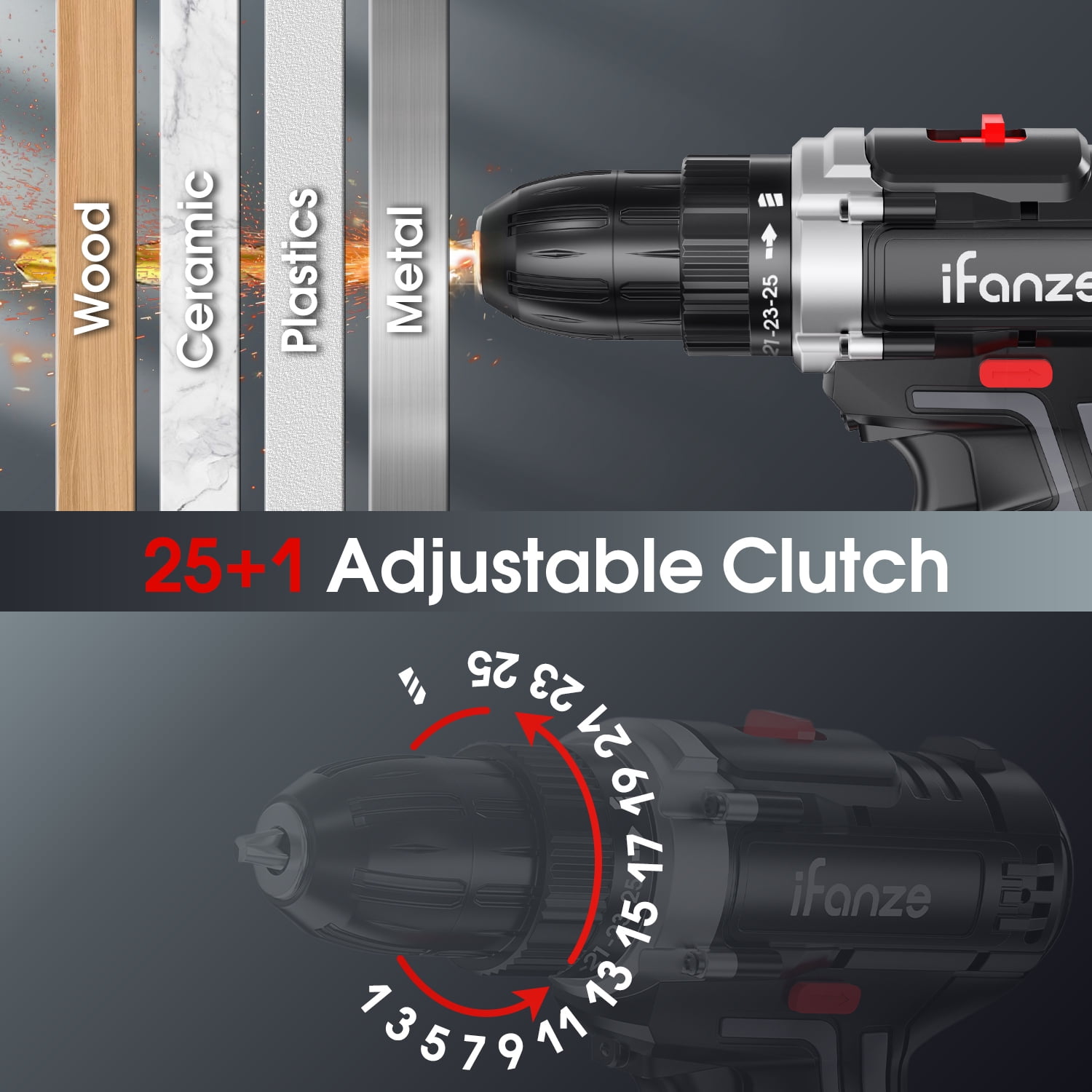 Qunler 21V Cordless Drill, Power Drill Driver Set with 2 Batteries, 3/8"Keyless Chuck, 25+1 Position, 2 Variable Speed, Built-in LED for Drilling and Screw Driving