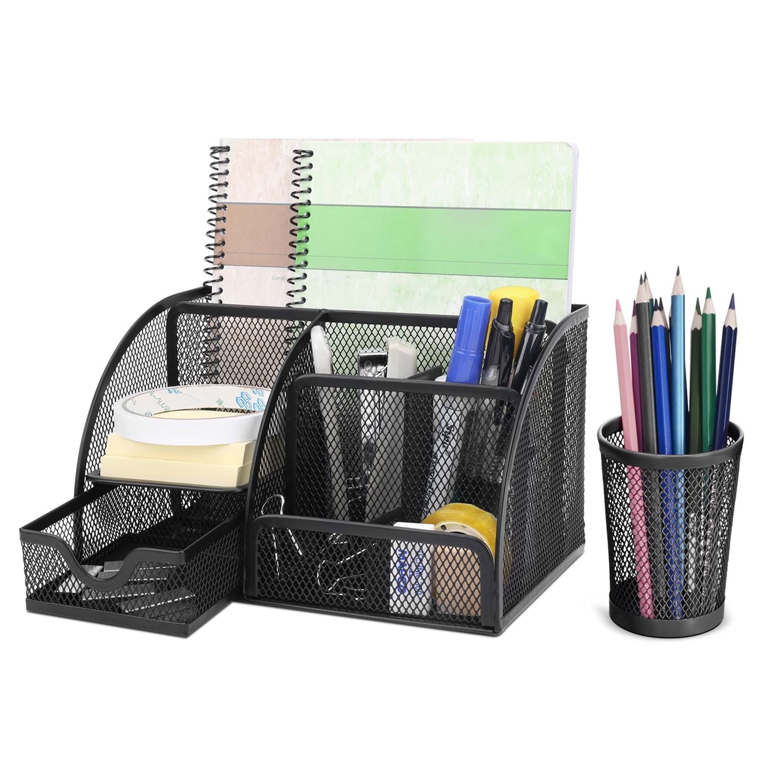 Pen Holder Metal Wire Mesh Pencil Container 4 Divided Compartments Home Office Supplies Desktop Accessory Organizer Magnetic Storage Basket Anti-Slip