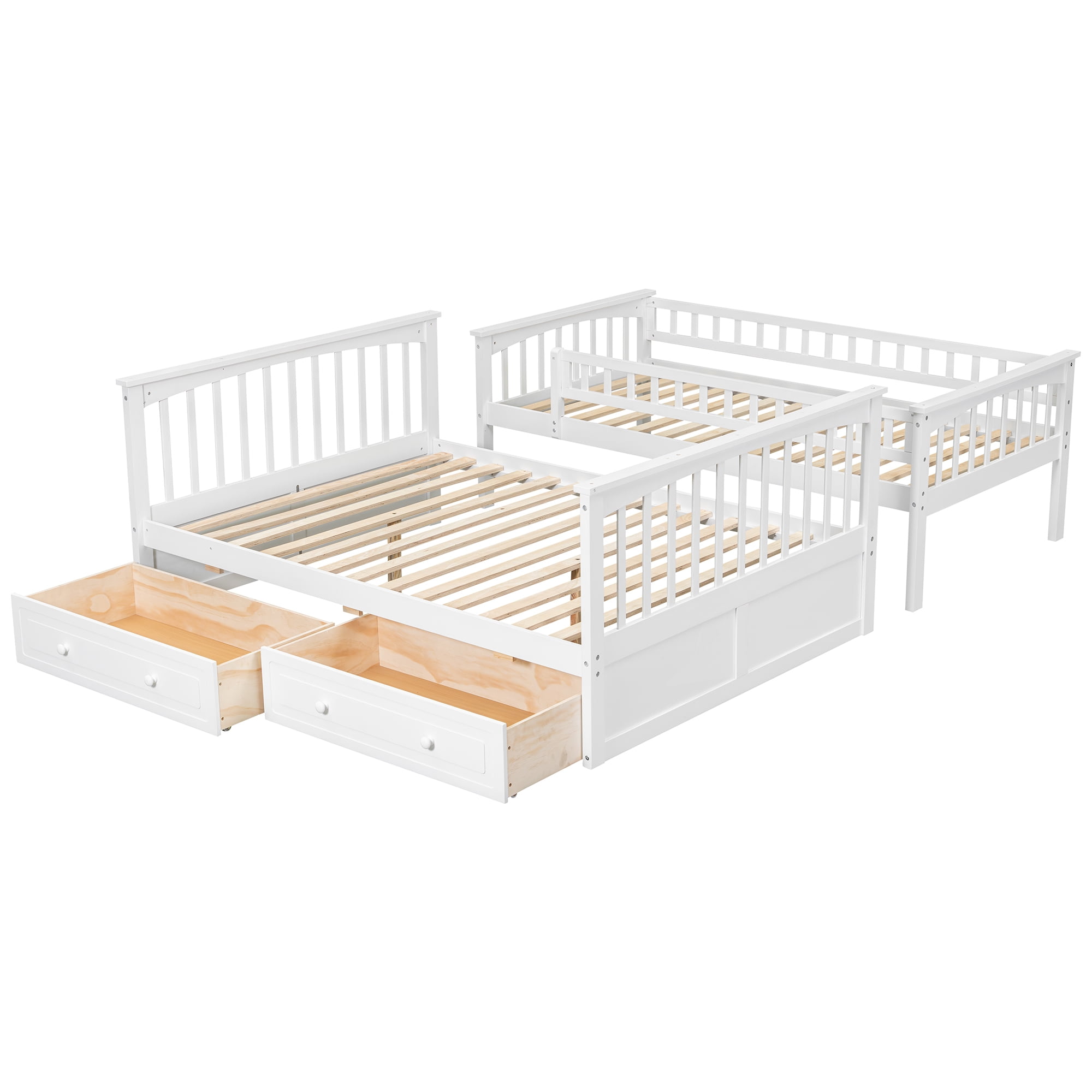 Euroco Wood Twin over Full Bunk Bed with Drawers, Convertible Two Beds in One, White