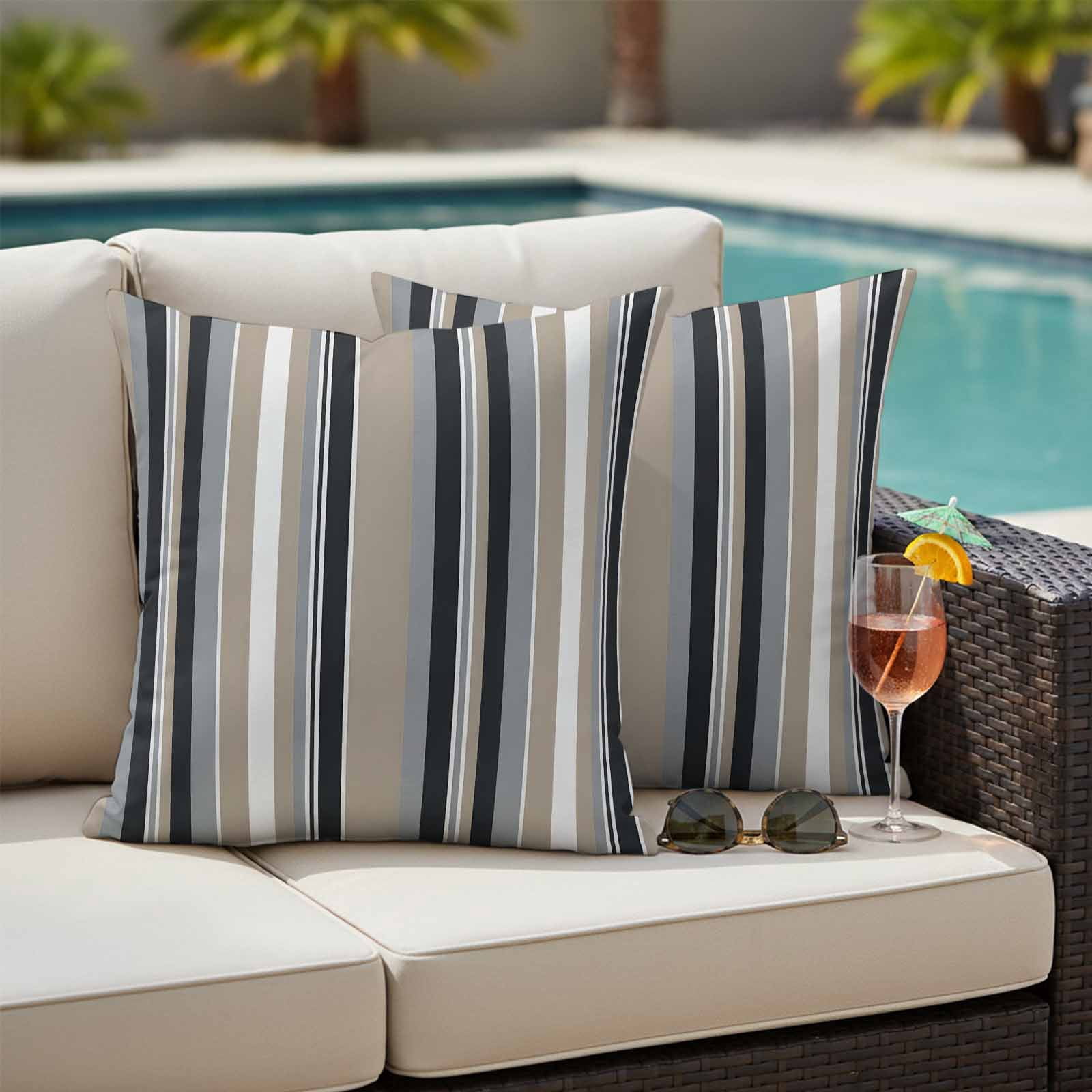 Black Grey Brown Striped Outdoor Waterproof Pillow Covers, Modern Stripes Art Farmhouse Decorative Square Throw Pillowcase Sofa Cushion Sham for Patio/Couch/Chair, 18"x18" 2 Pack
