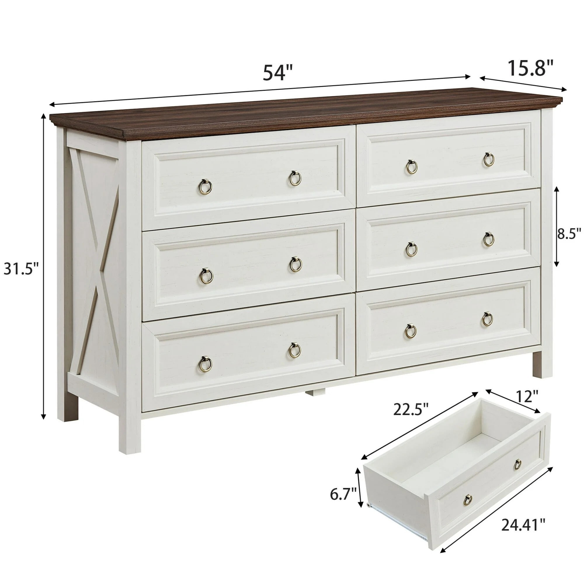DEALTOPS 6-Drawer Farmhouse Dresser, 54" Wide Wood Storage Chest Bedroom Organizer with Metal Handles, White